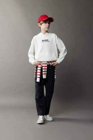 Erkek Çocuk Oversize Geniş Kalıp Kapüşonlu Nakışlı Sweatshirt