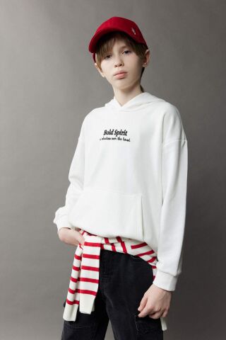 Erkek Çocuk Oversize Geniş Kalıp Kapüşonlu Nakışlı Sweatshirt