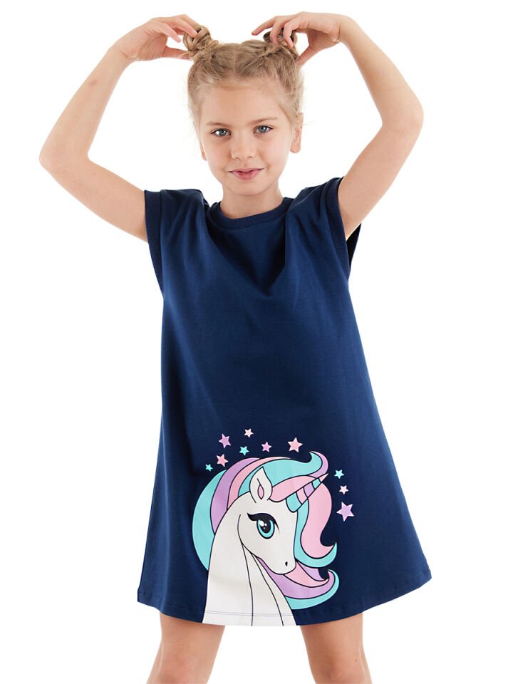 Renkli Unicorn Kız Çocuk Elbise 8 Y - Lacivert
