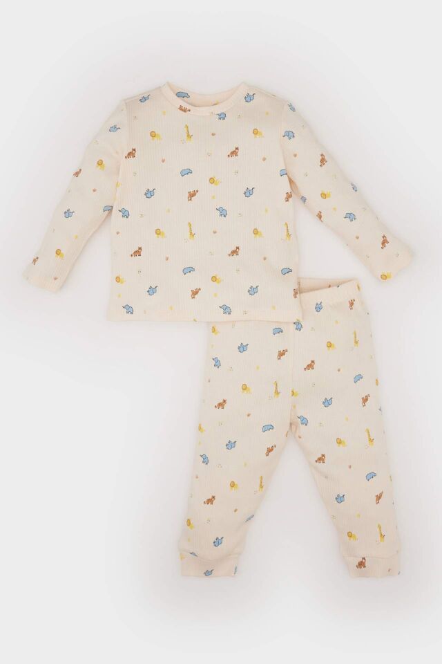 Erkek Bebek Pijama Takımı Safari Baskılı Fitilli Kaşkorse Uzun Kollu Üst Beli Lastikli Uzun Alt