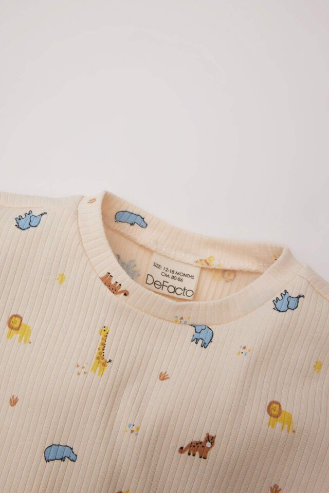 Erkek Bebek Pijama Takımı Safari Baskılı Fitilli Kaşkorse Uzun Kollu Üst Beli Lastikli Uzun Alt