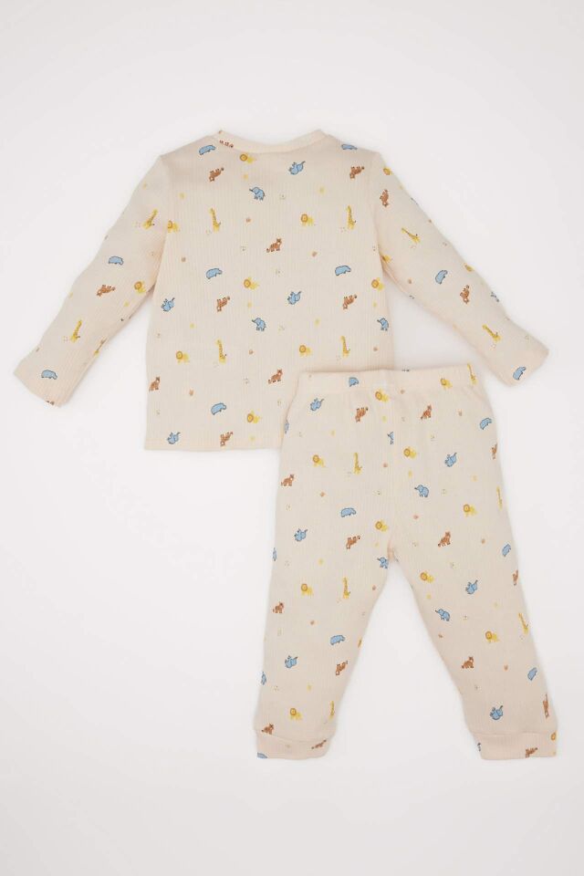 Erkek Bebek Pijama Takımı Safari Baskılı Fitilli Kaşkorse Uzun Kollu Üst Beli Lastikli Uzun Alt