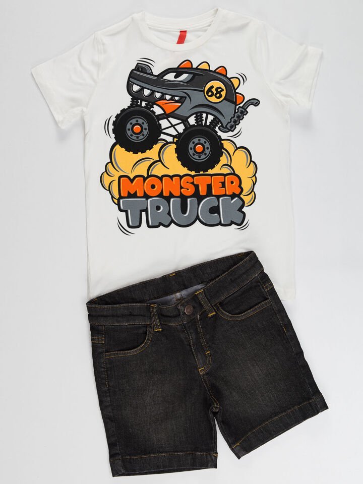 Canavar Araba Erkek Çocuk T-shirt Denim Şort Takım