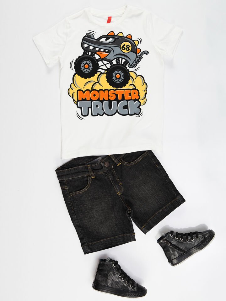 Canavar Araba Erkek Çocuk T-shirt Denim Şort Takım 2 Y - Siyah Beyaz