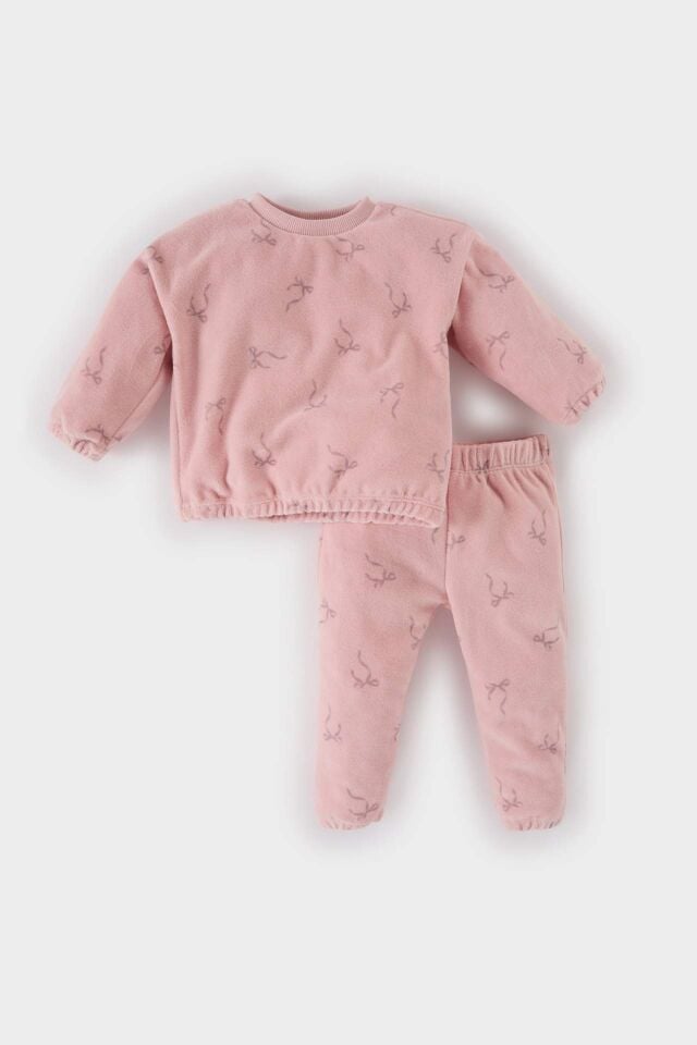 Kız Bebek 2'li Takım Bisiklet Yaka Desenli Sweatshirt Beli Lastikli Alt