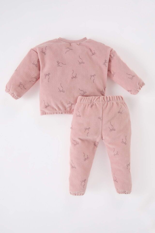 Kız Bebek 2'li Takım Bisiklet Yaka Desenli Sweatshirt Beli Lastikli Alt