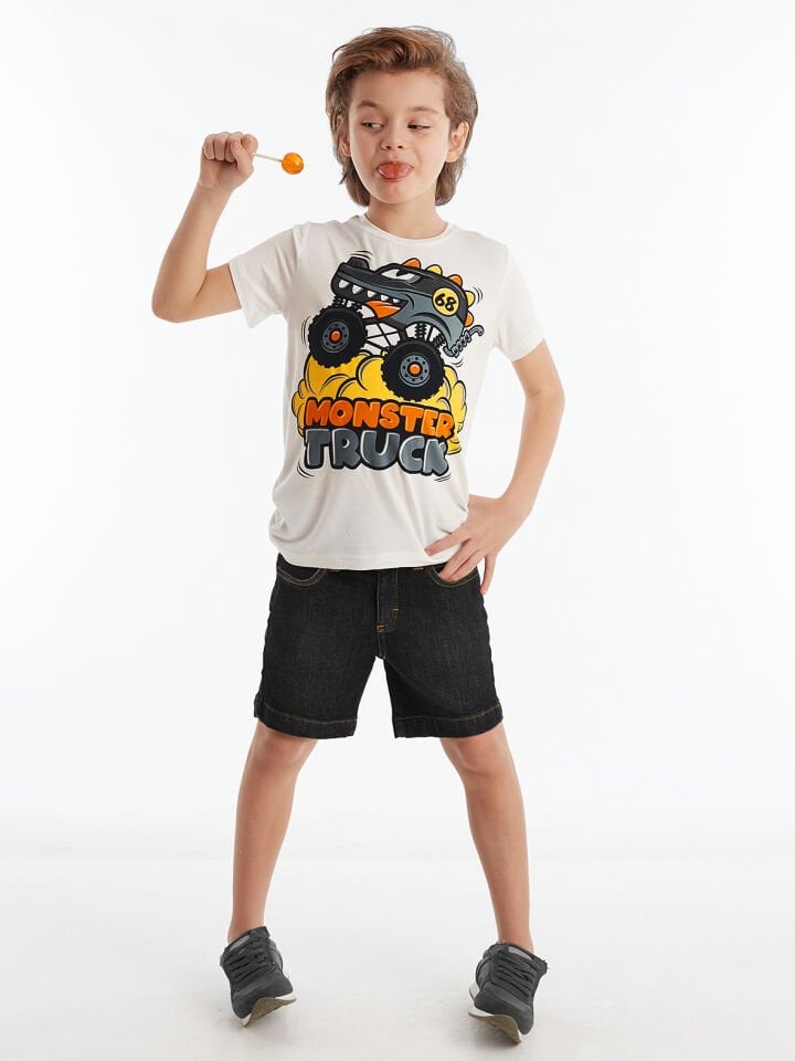 Canavar Araba Erkek Çocuk T-shirt Denim Şort Takım 3 Y - Siyah Beyaz