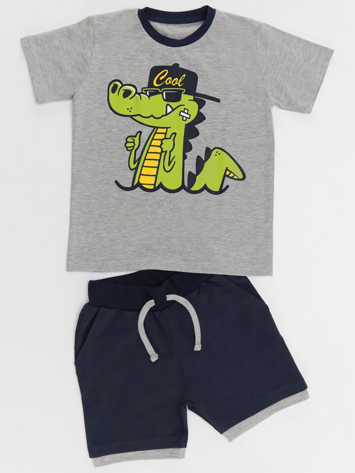 Kanka Timsah Erkek Çocuk T-shirt Şort Takım 2 Y - Lacivert-Gri