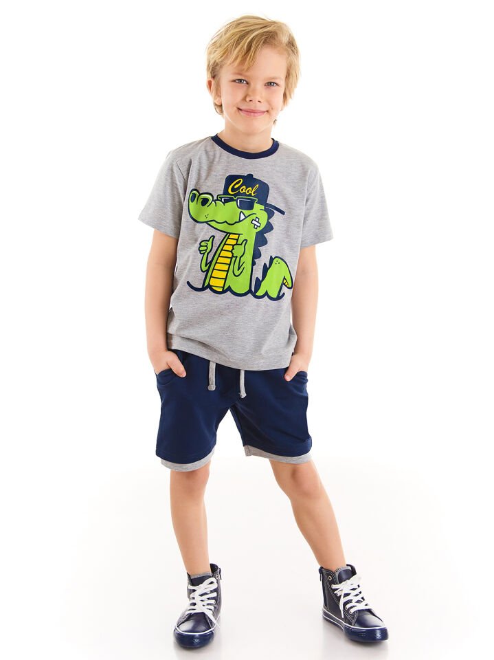 Kanka Timsah Erkek Çocuk T-shirt Şort Takım 3 Y - Lacivert-Gri