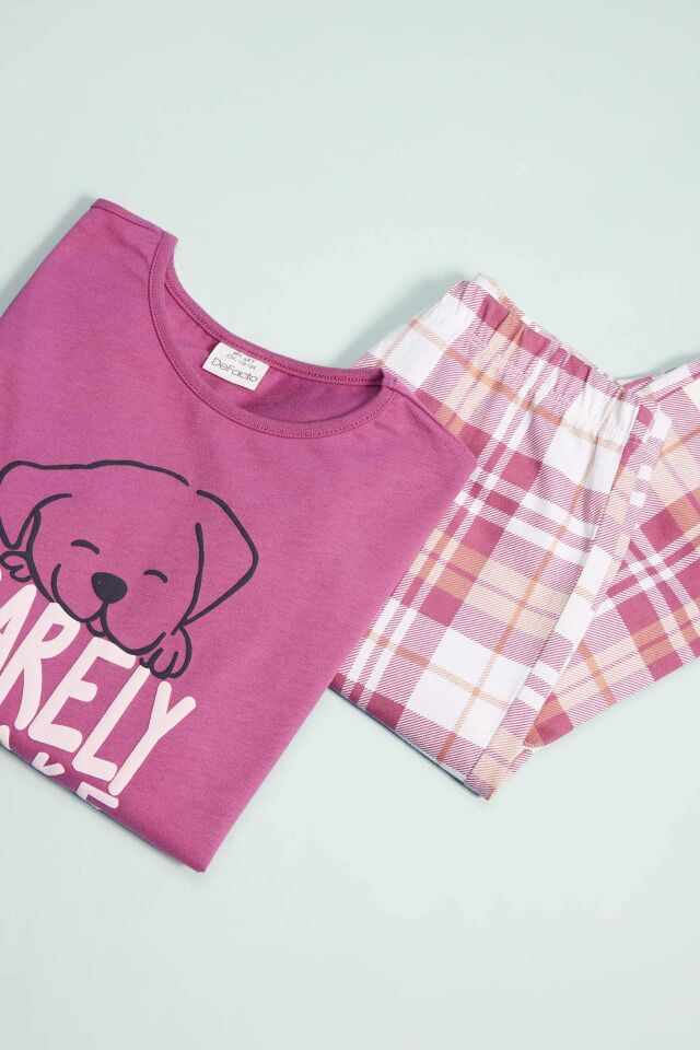 Kız Çocuk Pijama Takımı Baskılı Uzun Kollu  Üst Beli Lastikli Uzun Alt