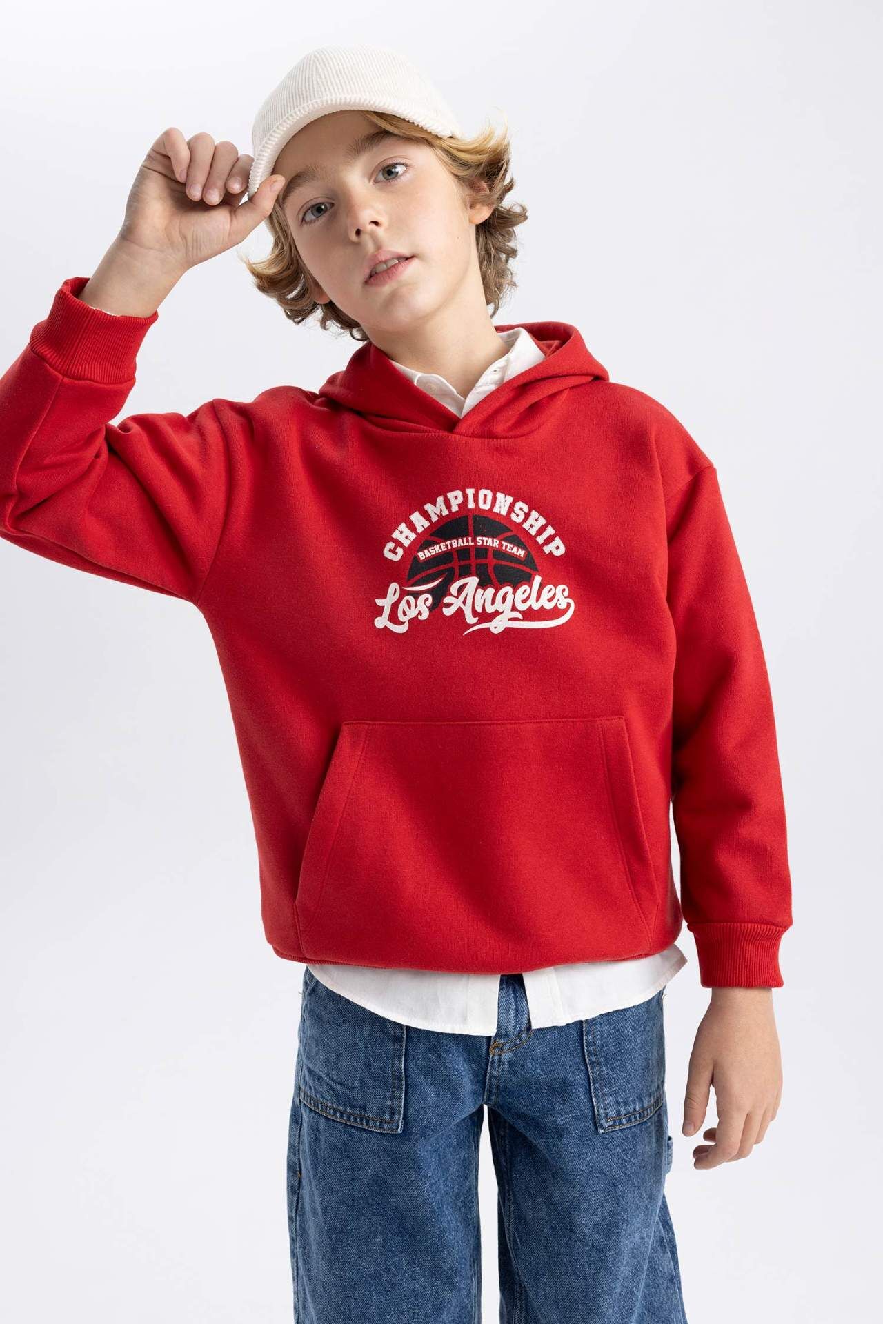 Erkek Çocuk Baskılı Kanguru Cepli Kapüşonlu Sweatshirt