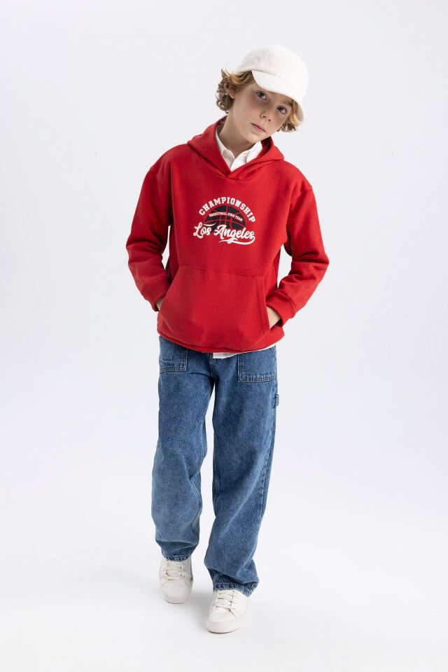 Erkek Çocuk Baskılı Kanguru Cepli Kapüşonlu Sweatshirt