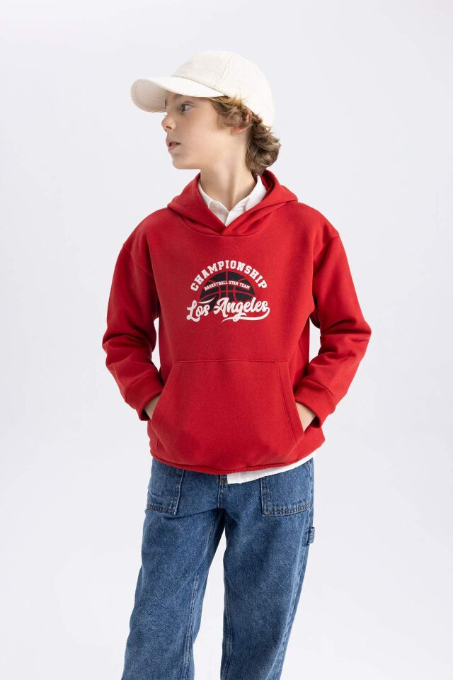 Erkek Çocuk Baskılı Kanguru Cepli Kapüşonlu Sweatshirt