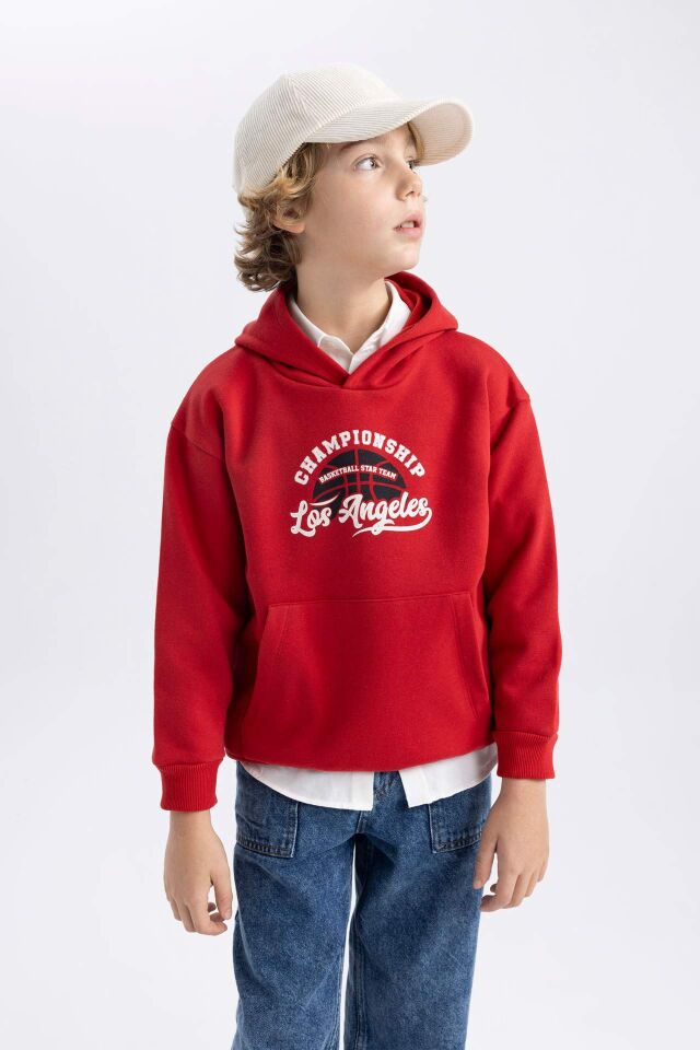 Erkek Çocuk Baskılı Kanguru Cepli Kapüşonlu Sweatshirt