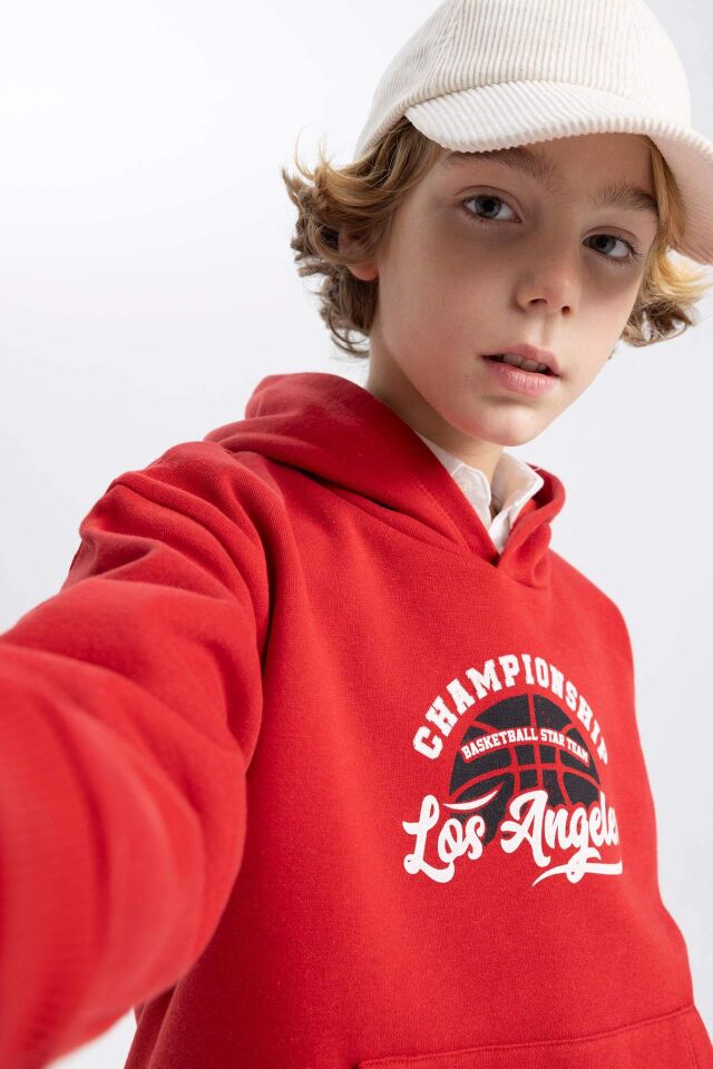 Erkek Çocuk Baskılı Kanguru Cepli Kapüşonlu Sweatshirt