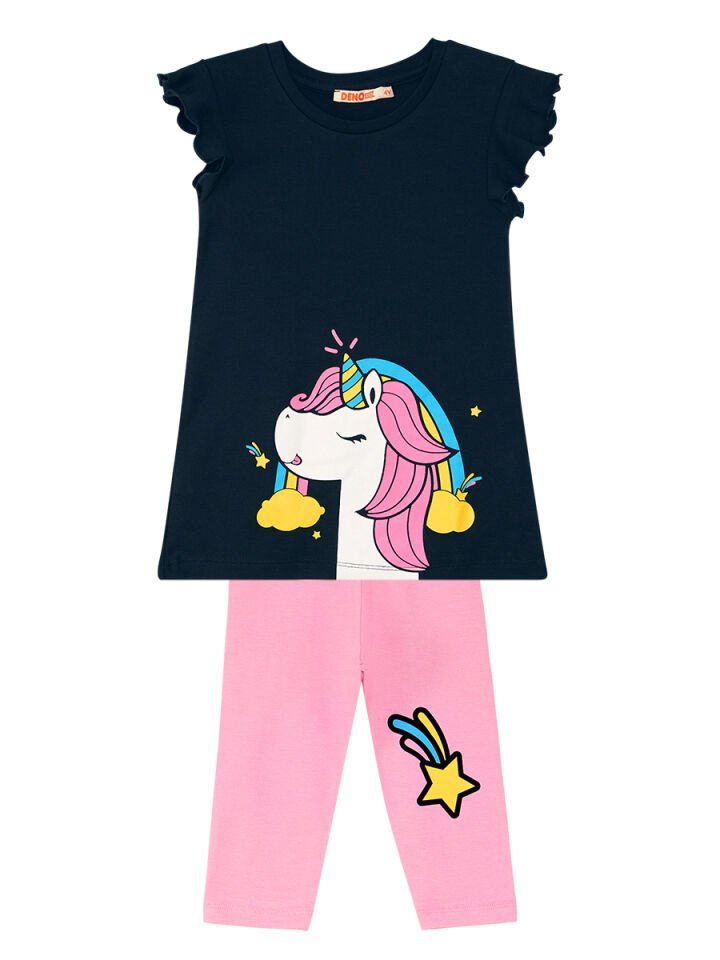 Unicorn Gücü Kız Çocuk T-shirt Tayt Takım 3 Y - Pembe, Koyu Lacivert