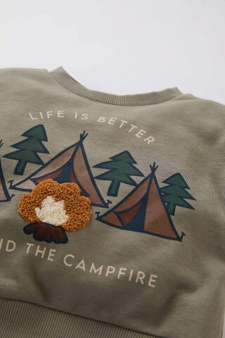 Erkek Bebek Bisiklet Yaka Doğa Baskılı İçi Yumuşak Tüylü Sweatshirt