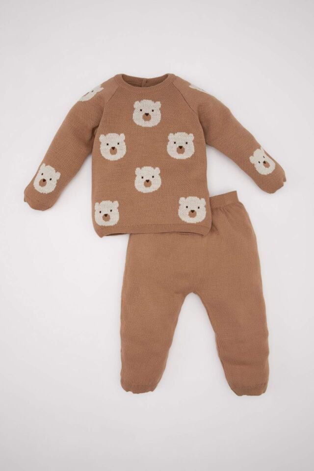 Erkek Bebek 2'li Takım Ayıcık Desenli Bisiklet Yaka Triko Kazak Beli Lastikli Triko Alt