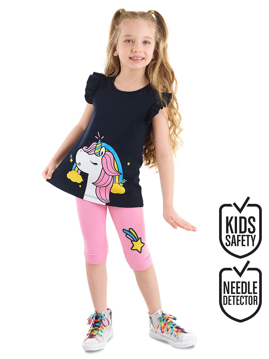 Unicorn Gücü Kız Çocuk T-shirt Tayt Takım 4 Y - Pembe, Koyu Lacivert