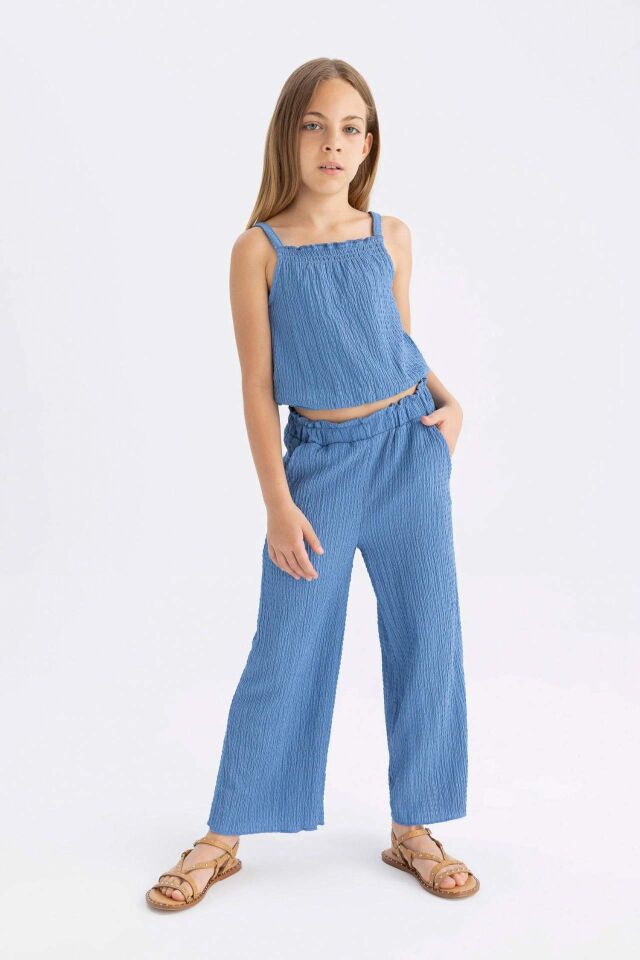 Kız Çocuk Wide Leg Geniş Bol Paça Beli Lastikli Bürümcük Pantolon
