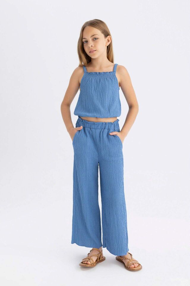 Kız Çocuk Wide Leg Geniş Bol Paça Beli Lastikli Bürümcük Pantolon
