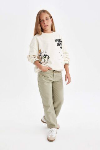 Kız Çocuk Straight Fit Düz Geniş Bol Paça Cepli Pamuklu Pantolon