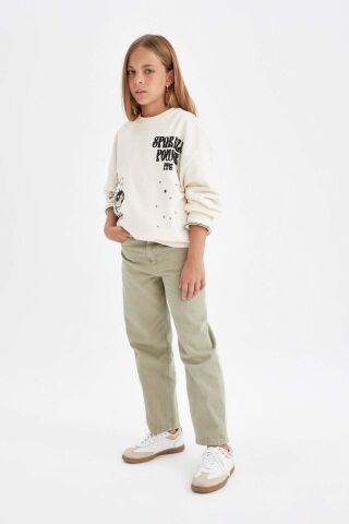 Kız Çocuk Straight Fit Düz Geniş Bol Paça Cepli Pamuklu Pantolon