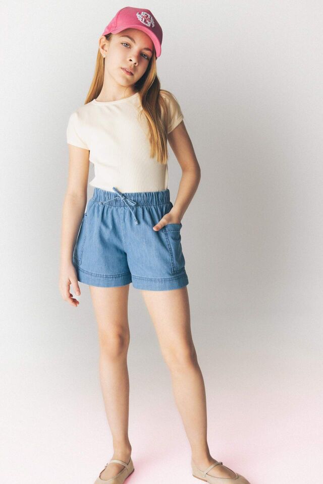 Kız Çocuk Slim Fit Dar Kesim Bisiklet Yaka Basic Düz Fitilli Kaşkorse Kısa Kollu Tişört