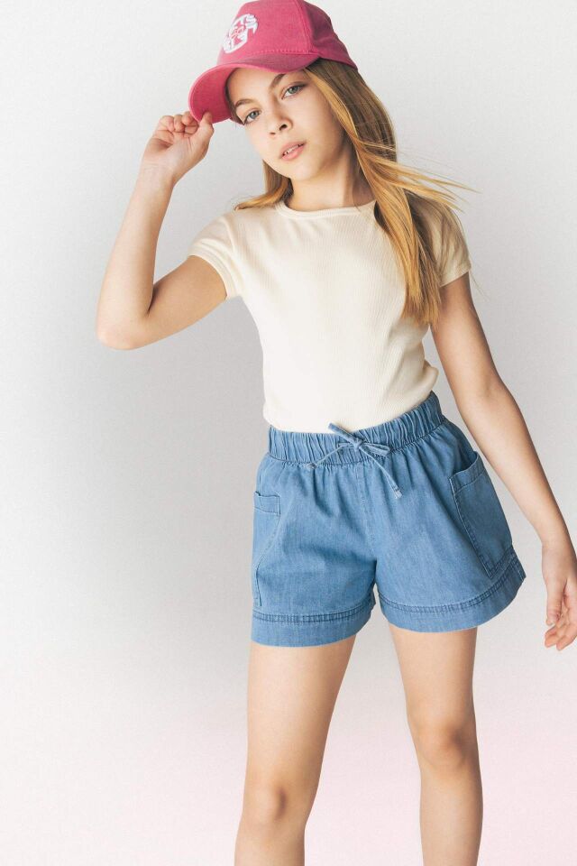 Kız Çocuk Slim Fit Dar Kesim Bisiklet Yaka Basic Düz Fitilli Kaşkorse Kısa Kollu Tişört
