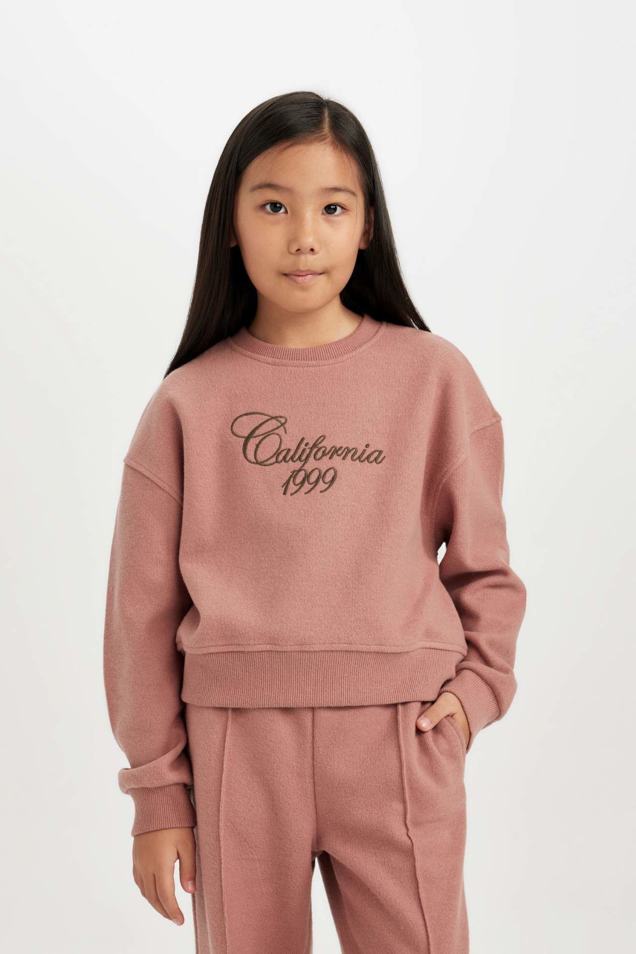Kız Çocuk Bisiklet Yaka Baskılı Selanik Kumaş  Sweatshirt