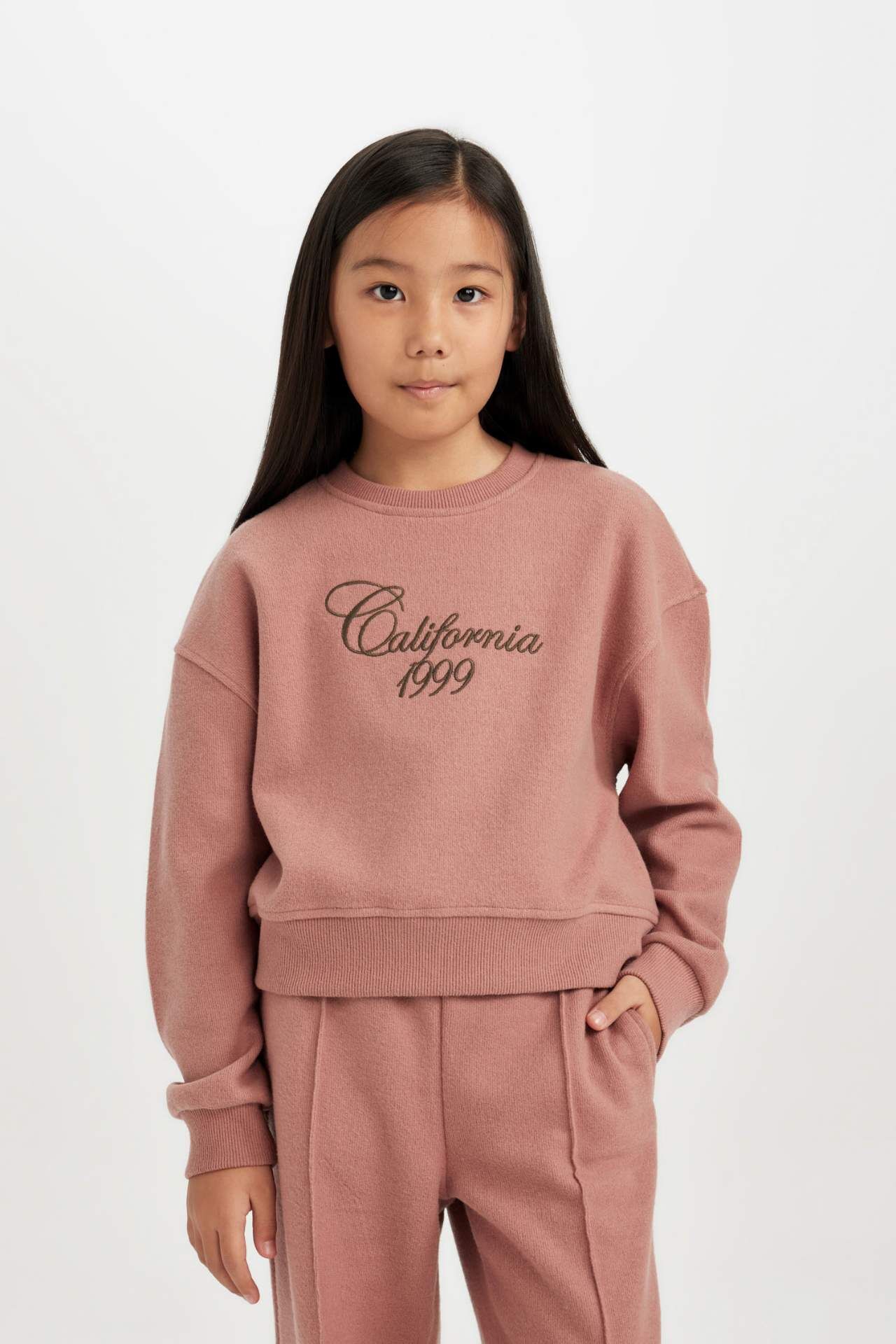 Kız Çocuk Bisiklet Yaka Baskılı Selanik Kumaş  Sweatshirt