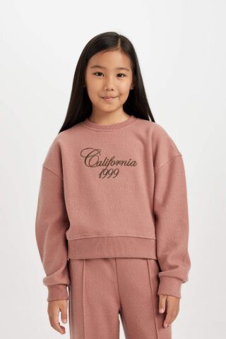 Kız Çocuk Bisiklet Yaka Baskılı Selanik Kumaş  Sweatshirt