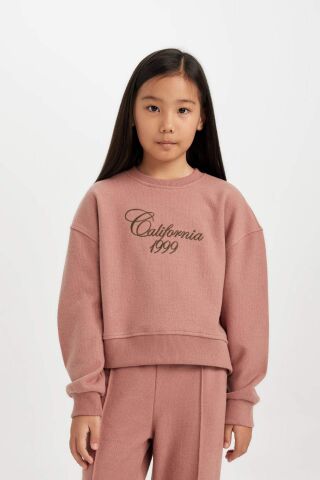 Kız Çocuk Bisiklet Yaka Baskılı Selanik Kumaş  Sweatshirt