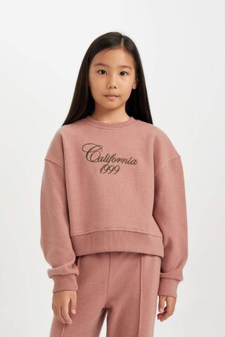 Kız Çocuk Bisiklet Yaka Baskılı Selanik Kumaş  Sweatshirt