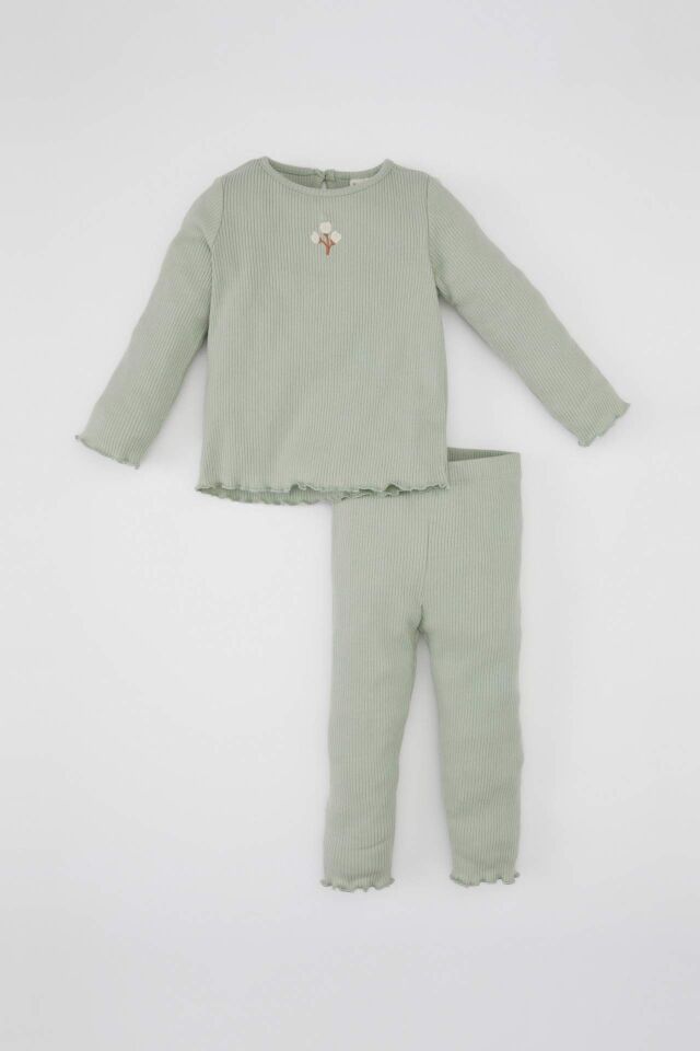 Kız Bebek 2'li Takım Çiçekli Fitilli Kaşkorse Uzun Kollu Tişört Üst Beli Lastikli Alt