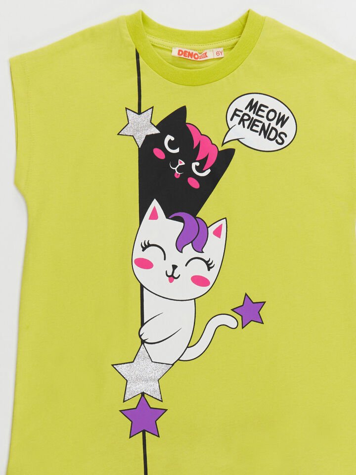 Kedi Dostlar Kız Çocuk T-shirt Tayt Takım 9 Y - Yeşil, Koyu Gri