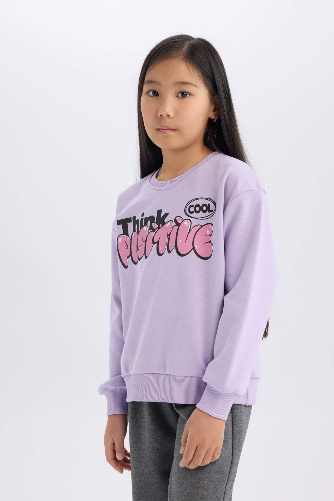 Kız Çocuk Relax Fit Bisiklet Yaka Baskılı İçi Yumuşak Tüylü Sweatshirt