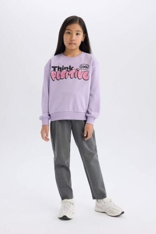 Kız Çocuk Relax Fit Bisiklet Yaka Baskılı İçi Yumuşak Tüylü Sweatshirt