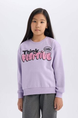 Kız Çocuk Relax Fit Bisiklet Yaka Baskılı İçi Yumuşak Tüylü Sweatshirt