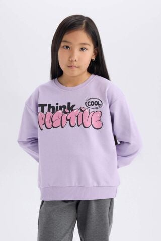 Kız Çocuk Relax Fit Bisiklet Yaka Baskılı İçi Yumuşak Tüylü Sweatshirt