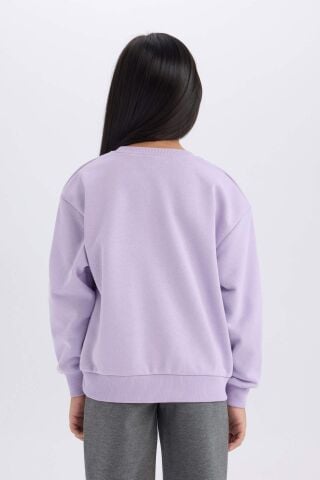 Kız Çocuk Relax Fit Bisiklet Yaka Baskılı İçi Yumuşak Tüylü Sweatshirt