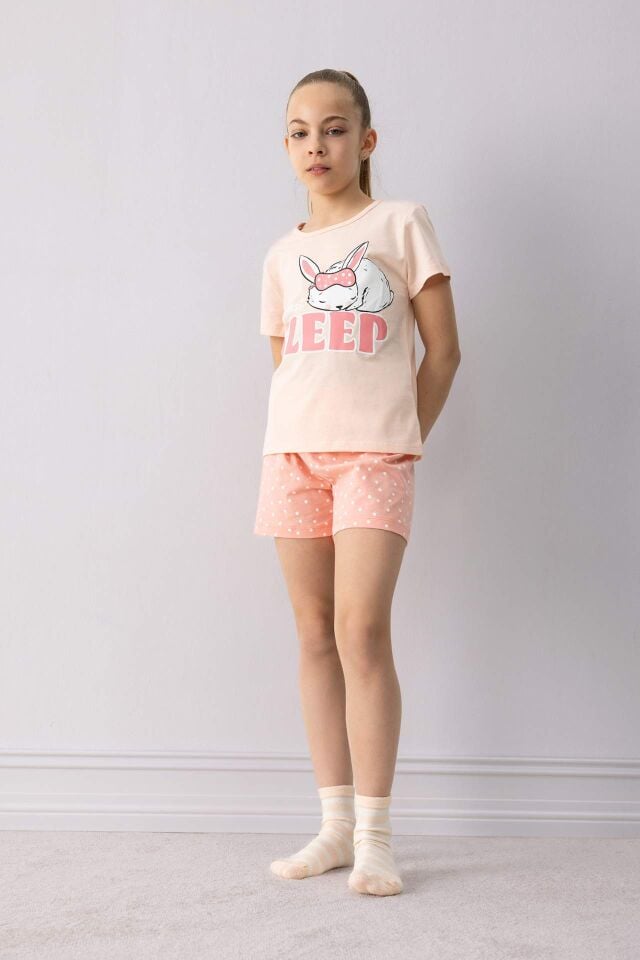 Kız Çocuk Pijama Takımı Baskılı Kısa Kollu Üst Esnek Belli Şort