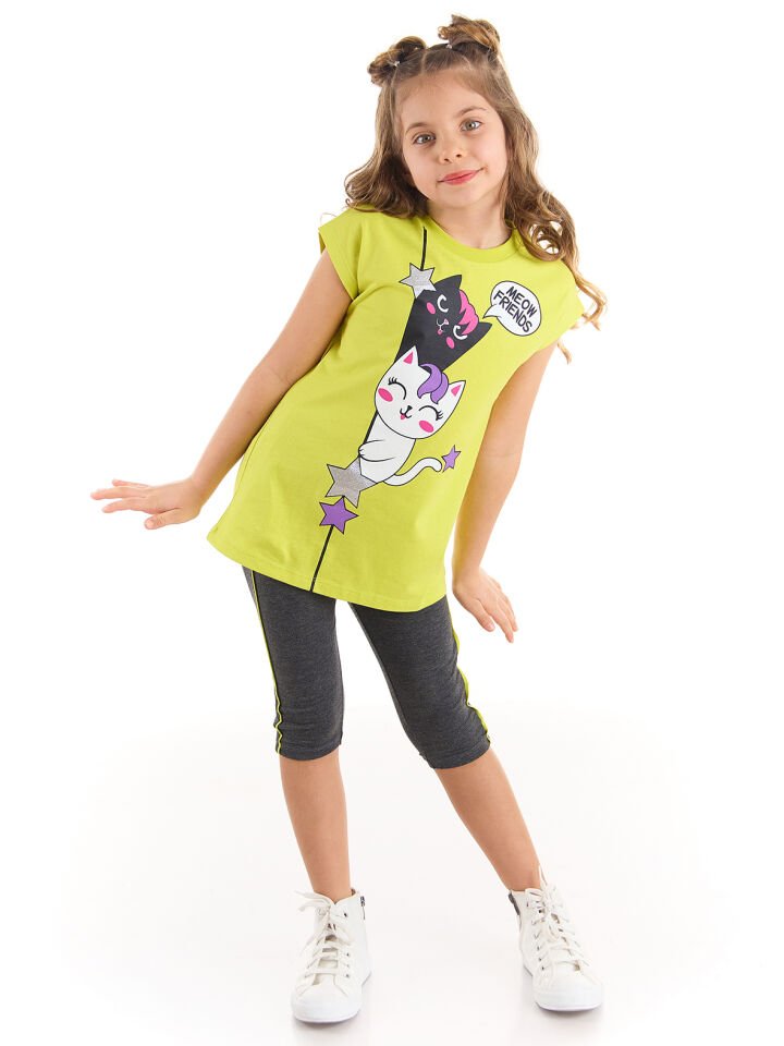 Kedi Dostlar Kız Çocuk T-shirt Tayt Takım 4 Y - Yeşil, Koyu Gri
