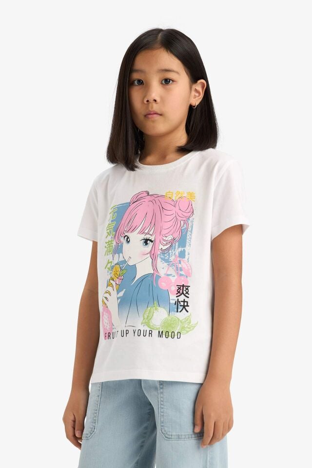 Kız Çocuk Bisiklet Yaka Anime Baskılı Kısa Kollu Tişört