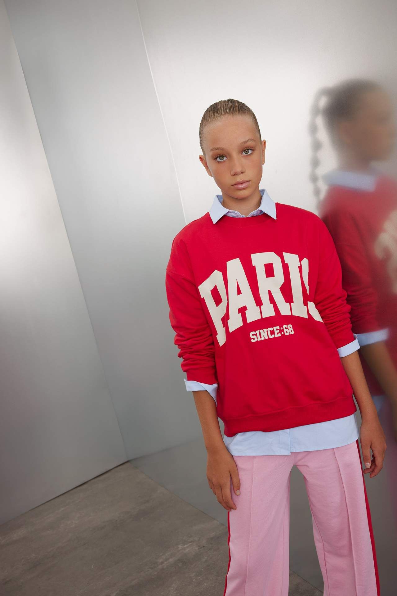 Kız Çocuk Kırmızı Relax Fit Bisiklet Yaka Baskılı Okul Sweatshirt