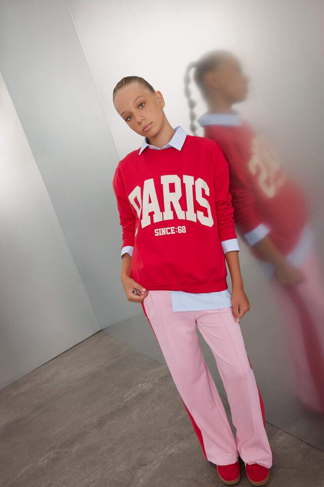 Kız Çocuk Kırmızı Relax Fit Bisiklet Yaka Baskılı Okul Sweatshirt