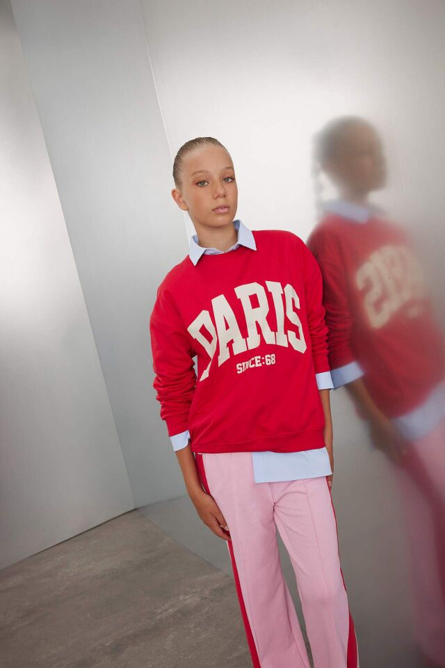 Kız Çocuk Kırmızı Relax Fit Bisiklet Yaka Baskılı Okul Sweatshirt