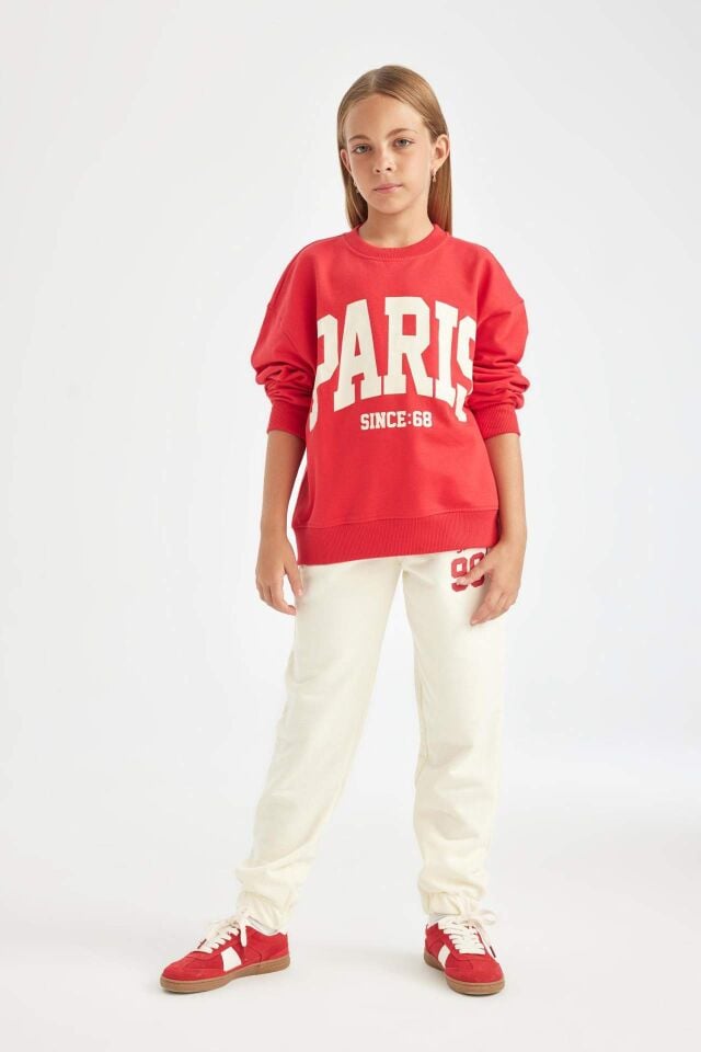 Kız Çocuk Kırmızı Relax Fit Bisiklet Yaka Baskılı Okul Sweatshirt