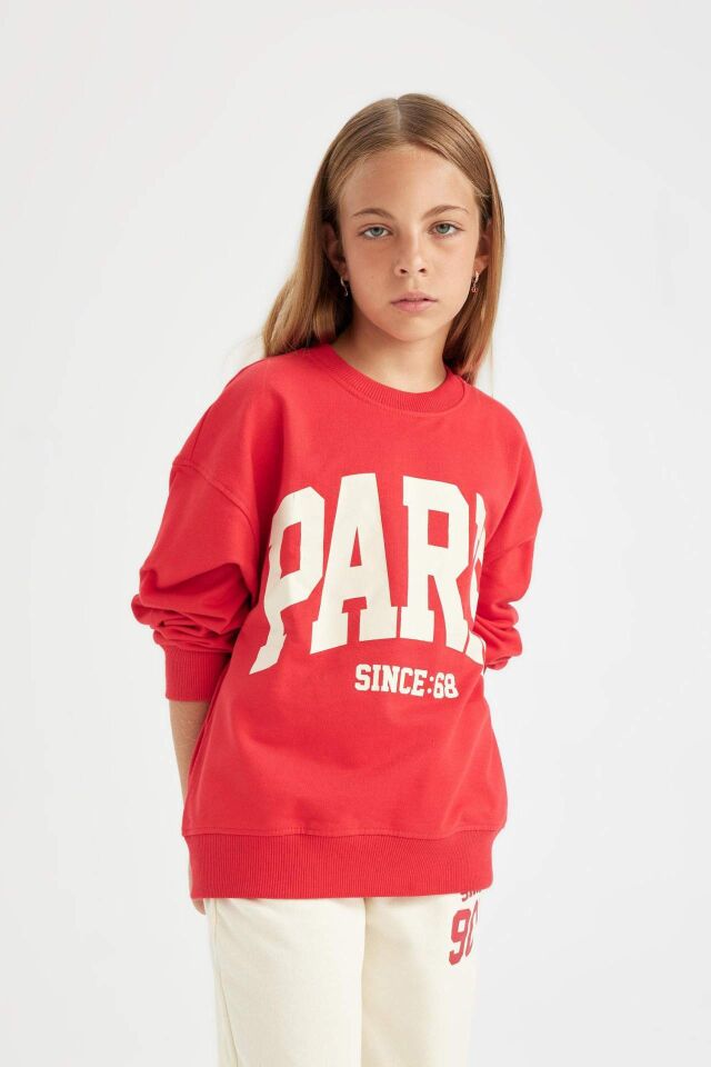 Kız Çocuk Kırmızı Relax Fit Bisiklet Yaka Baskılı Okul Sweatshirt