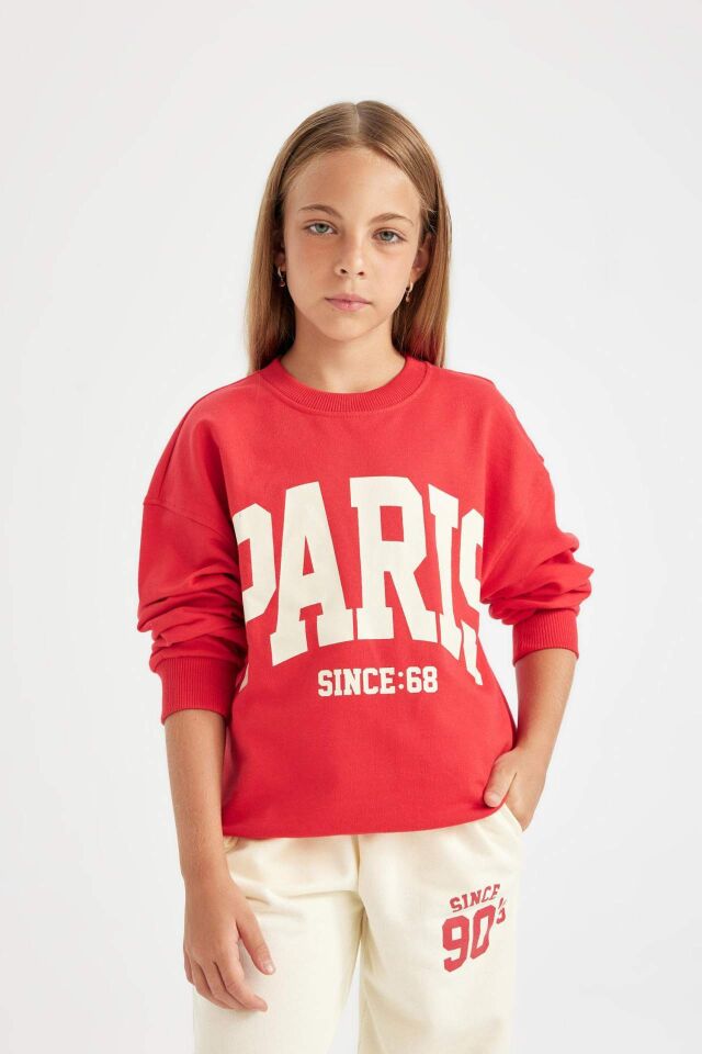 Kız Çocuk Kırmızı Relax Fit Bisiklet Yaka Baskılı Okul Sweatshirt
